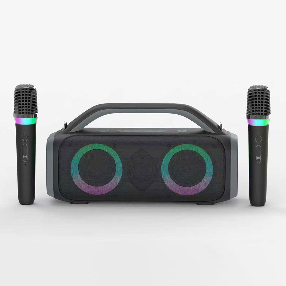 A portable karaoke machine next to a battery icon and a clock