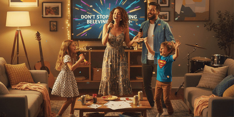 A family singing karaoke in their living room