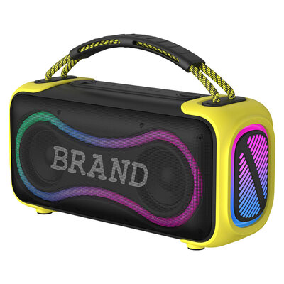 A portable karaoke machine speaker with sound waves coming out