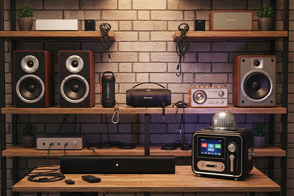 A collection of different types of speakers on display