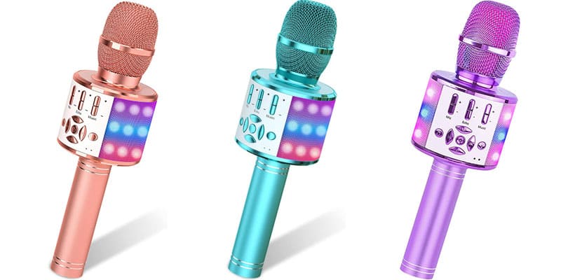 A 3-in-1 karaoke microphone next to a mini portable karaoke set