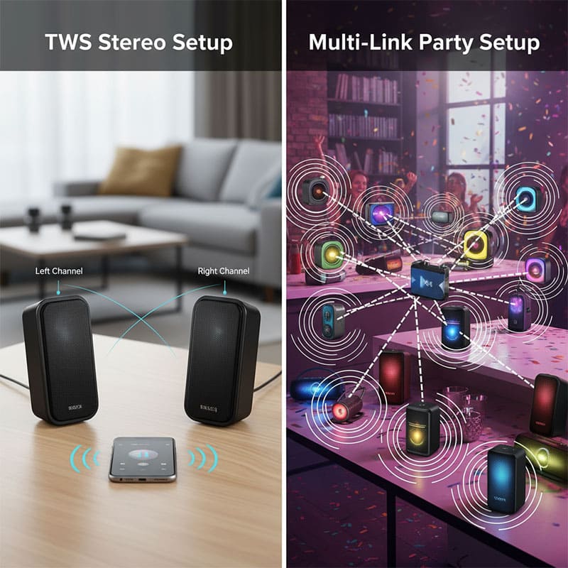 A visual comparison of two speakers in a TWS stereo setup versus multiple speakers in a Multi-Link party setup