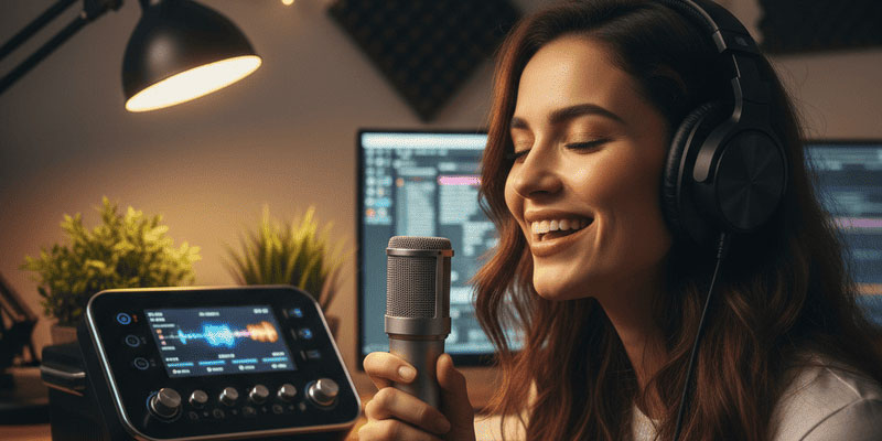 A person singing alone with headphones and a karaoke machine