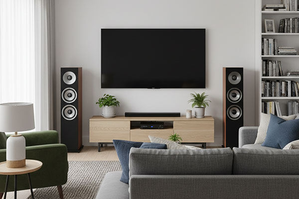 A home living room with floor standing speakers next to a TV