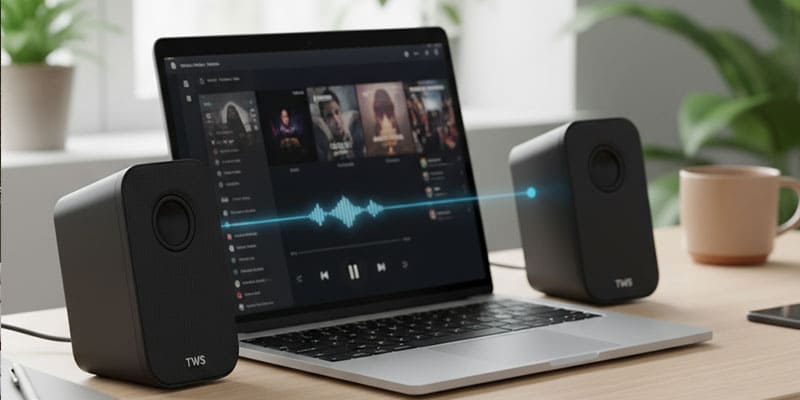 Two TWS speakers placed on either side of a laptop to create a stereo field