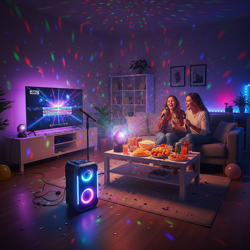 A living room decorated for a karaoke party with colorful lights and snacks