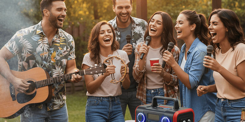 A group of friends laughing and singing with a portable karaoke machine at a BBQ