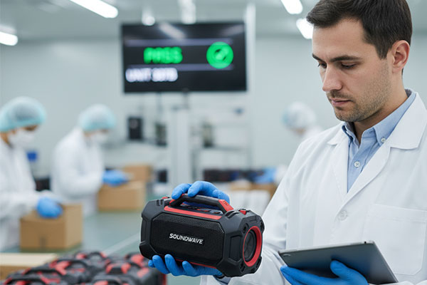 A quality control inspector checking a bluetooth speaker