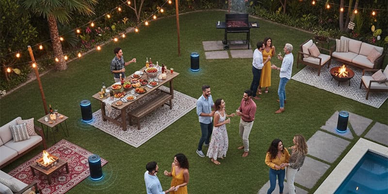 Multiple speakers spread around a backyard, all playing the same music for a party