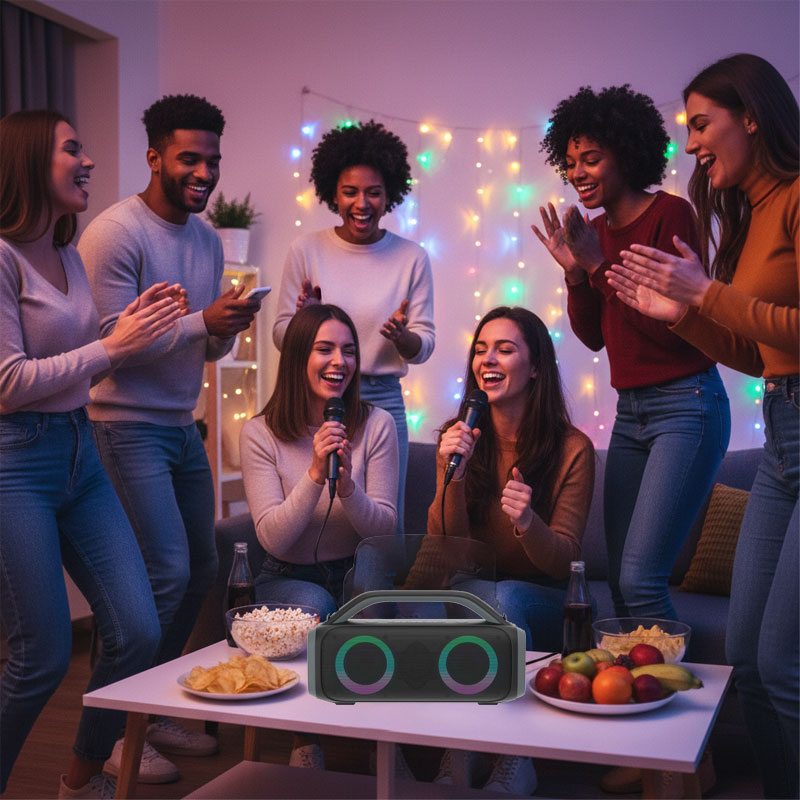 A group of friends having fun with a portable karaoke machine at home