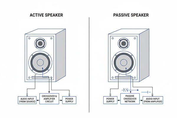 A diagram showing the inside of an active and passive speaker