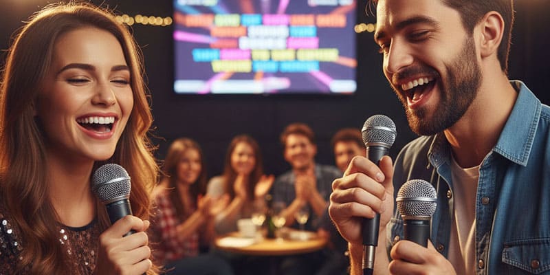 Two people singing karaoke with proper microphone spacing