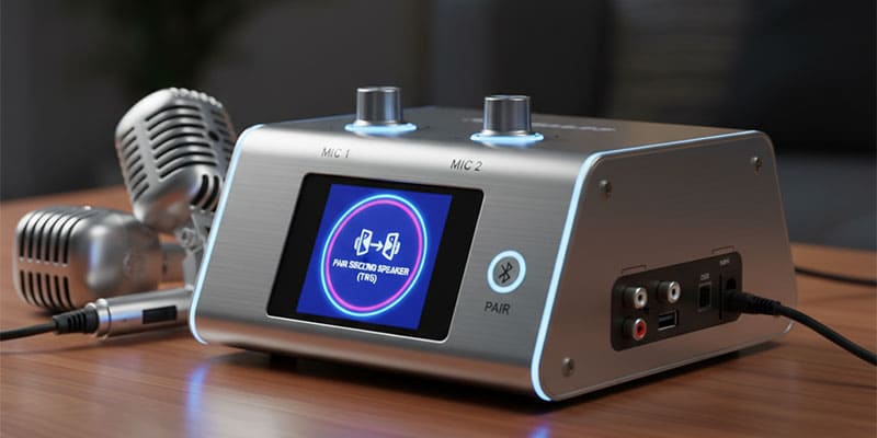 A karaoke machine showing connections for two microphones and an option to pair a second speaker