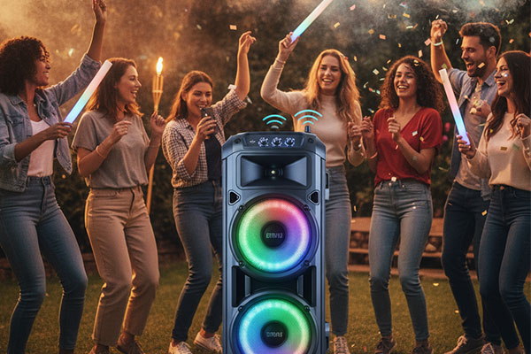 A group of people using a party speaker with lights at a gathering