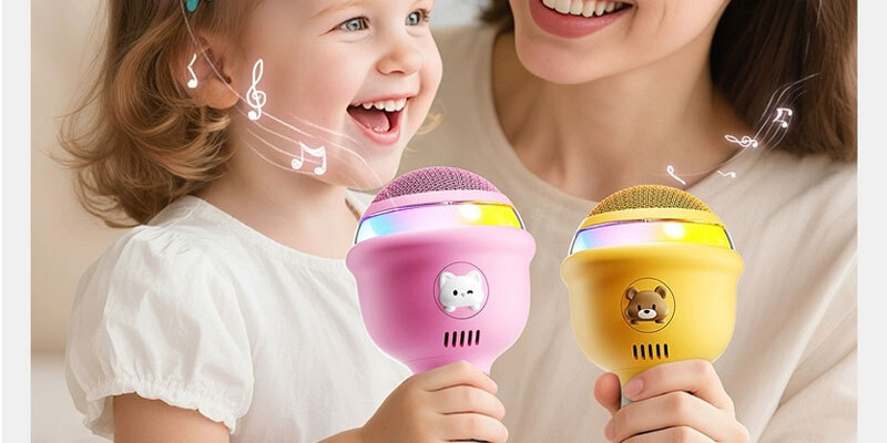 family using karaoke microphone together