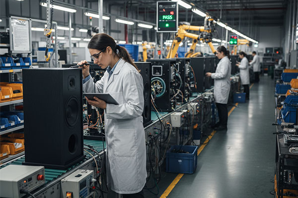 A quality control inspector checking speakers on a production line