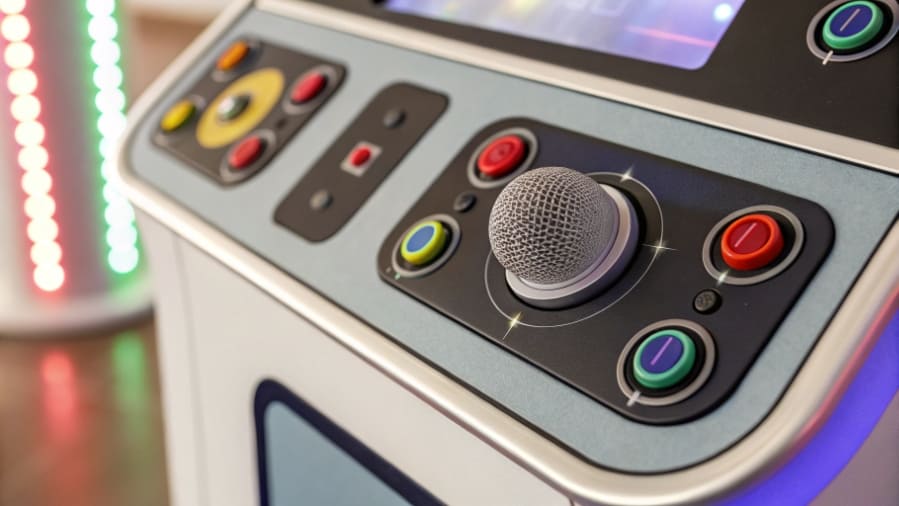 Close-up of the control panel on a kids karaoke machine