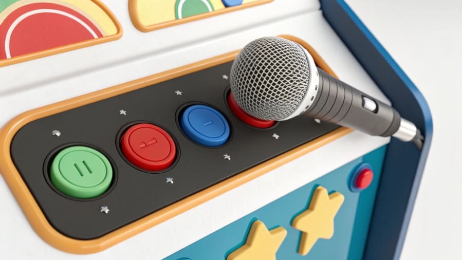 A younger child and an older child using different karaoke machines