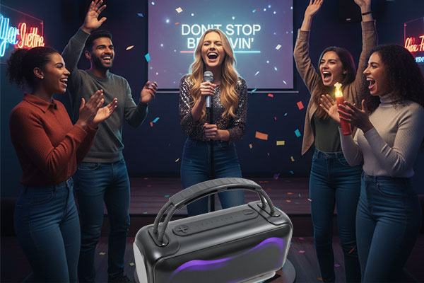 Friends cheering for another friend singing karaoke