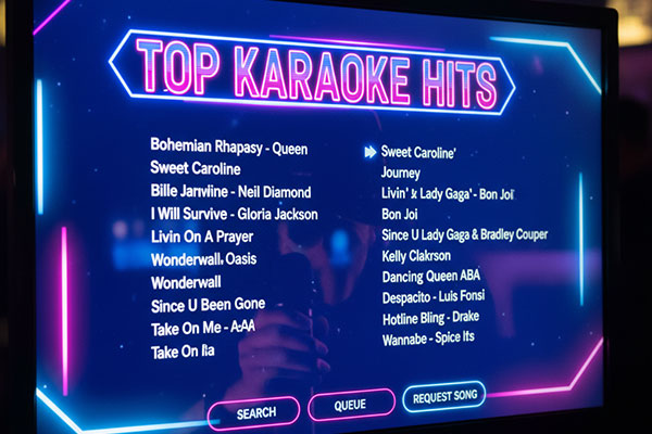 A list of popular karaoke songs on a screen