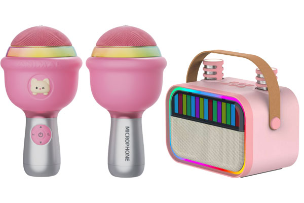 A collection of karaoke microphones in various custom colors with different logos