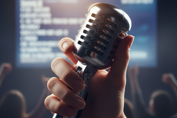 A hand carefully holding a karaoke microphone